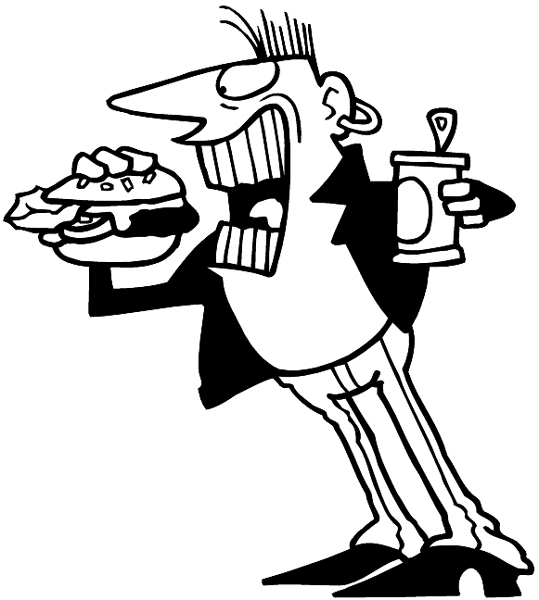Toon man with hamburger and soft drink vinyl sticker. Customize on line. People 069-0611